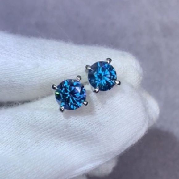 Genuine ~ Certified 2 Carat Bright Blue Diamond 18k White Gold Stud Earrings - Picture 3 of 16